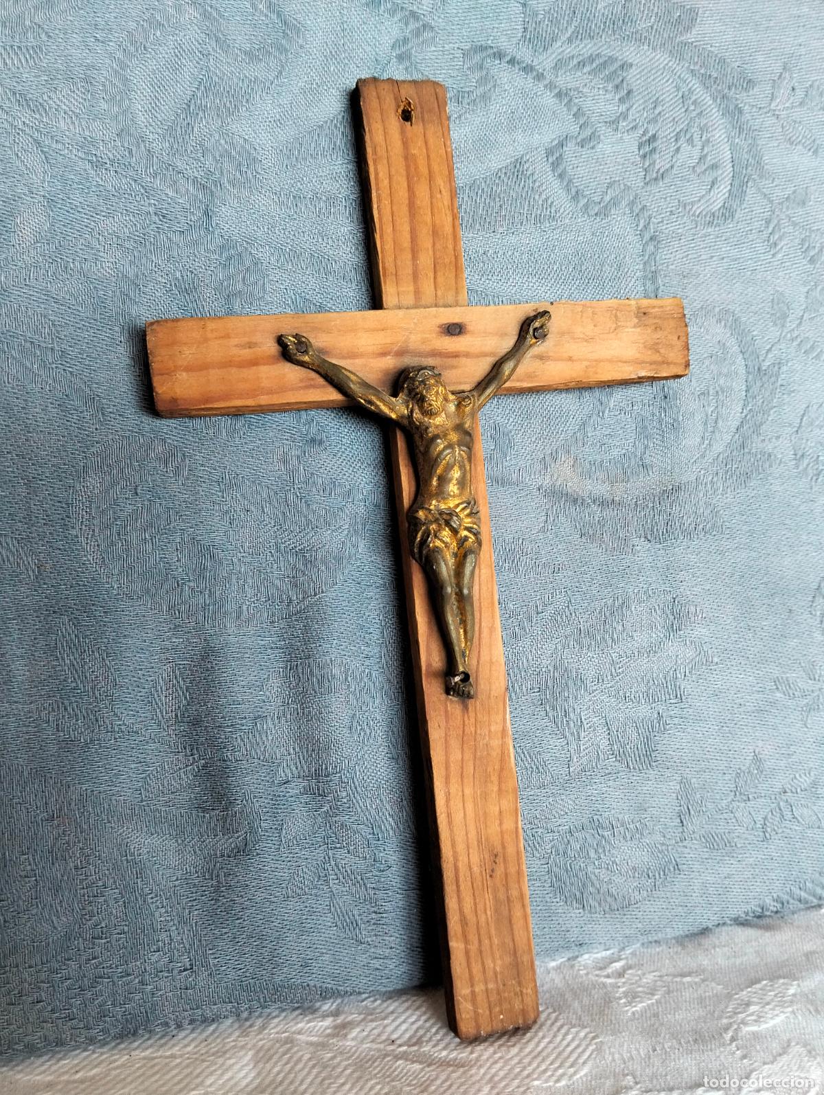 Antiguidades: Crucifijo antiguo Jes&uacute;s crucificado en cruz de madera