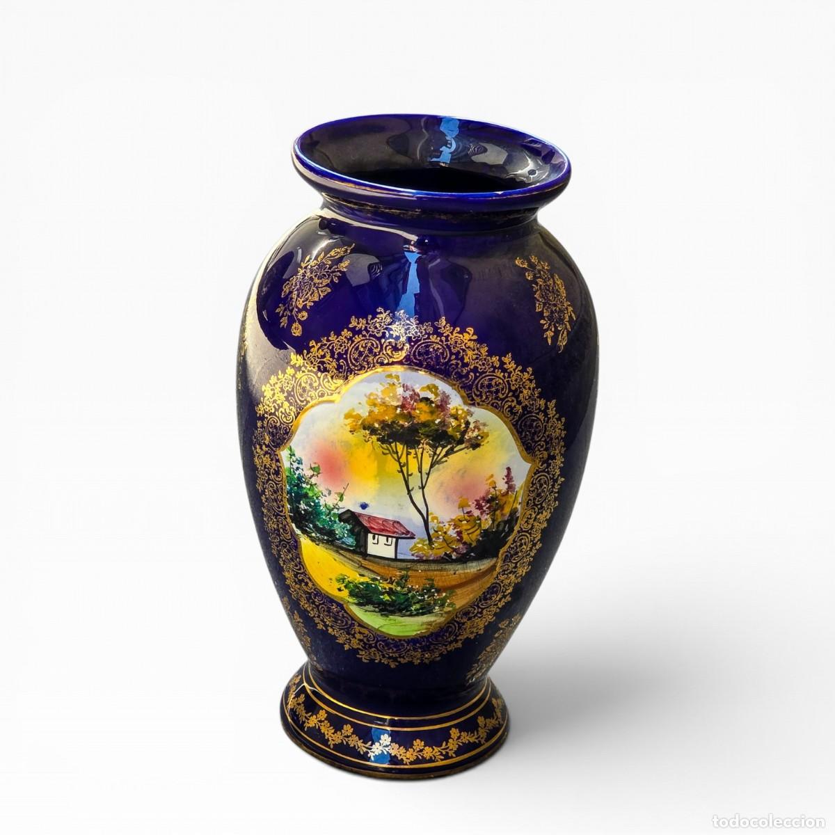 Antig&uuml;edades: Vaso Antigo/Vintage Alcoba&ccedil;a Portugal &ndash; Azul-Cobalto com Dourado e Paisagem Pintada