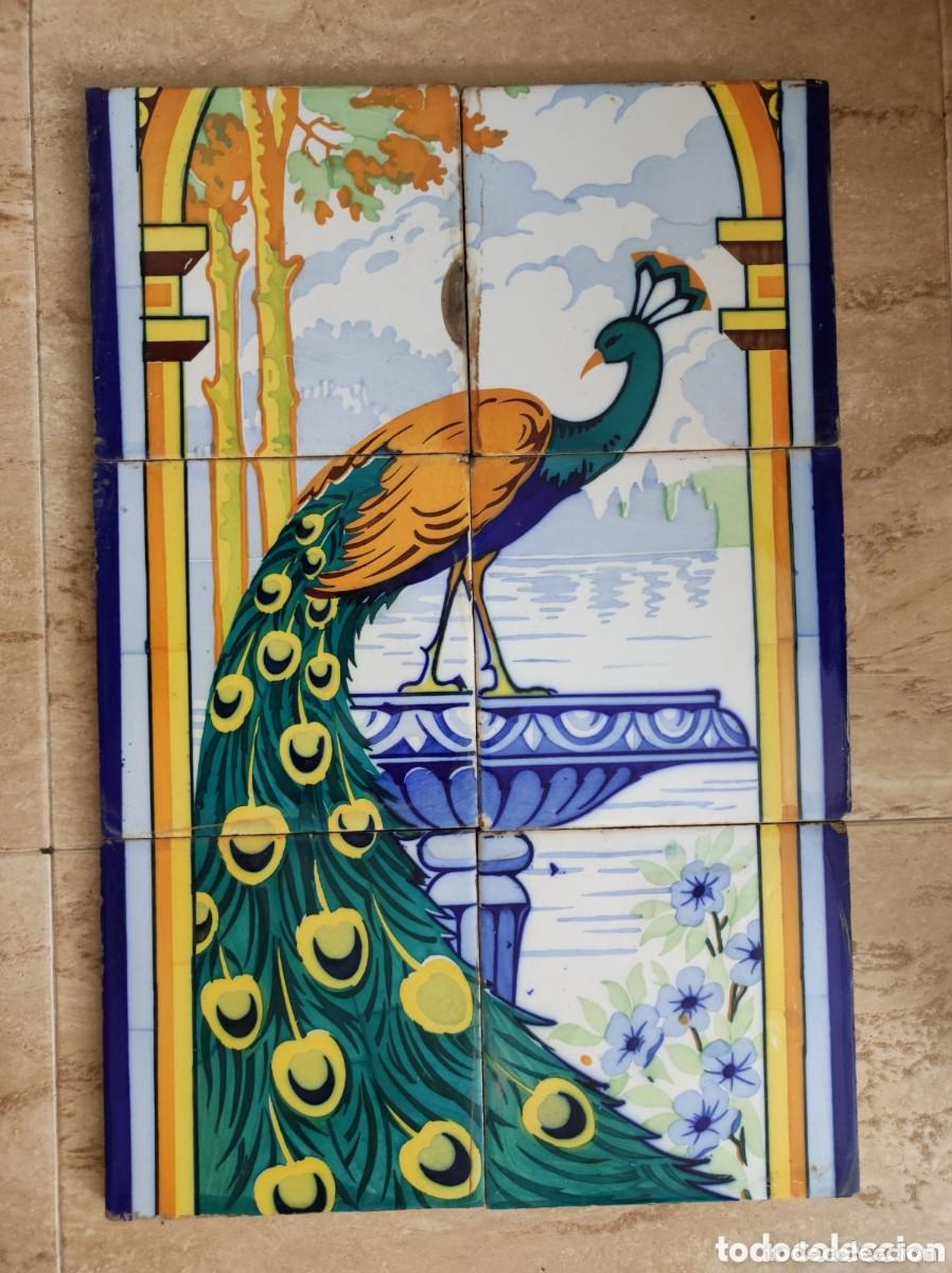 Antiguidades: Espectacular mosaico 6 azulejos pavo real 20x20 cm