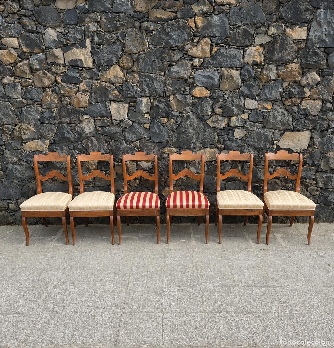 Antig&uuml;edades: Siller&iacute;a Isabelina - Seis Sillas de Comedor - Madera de Nogal y marqueter&iacute;a - S.XIX