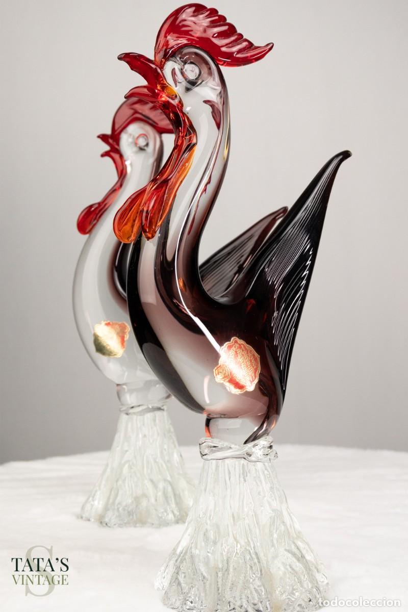 Antig&uuml;edades: Gallos Cristal de Murano Sommerso - Vetreria Artistica Maestri Vetrai - A&ntilde;os 60 - DOBLE ETIQUETA