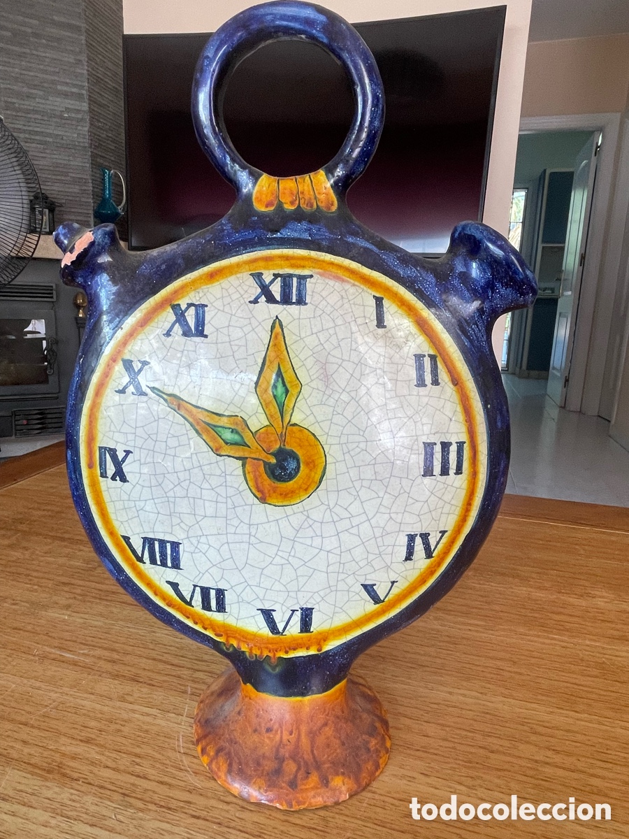 Antig&uuml;edades: Grande Botijo reloj cer&aacute;mica Franc&eacute;s azul artesanal 35 cm