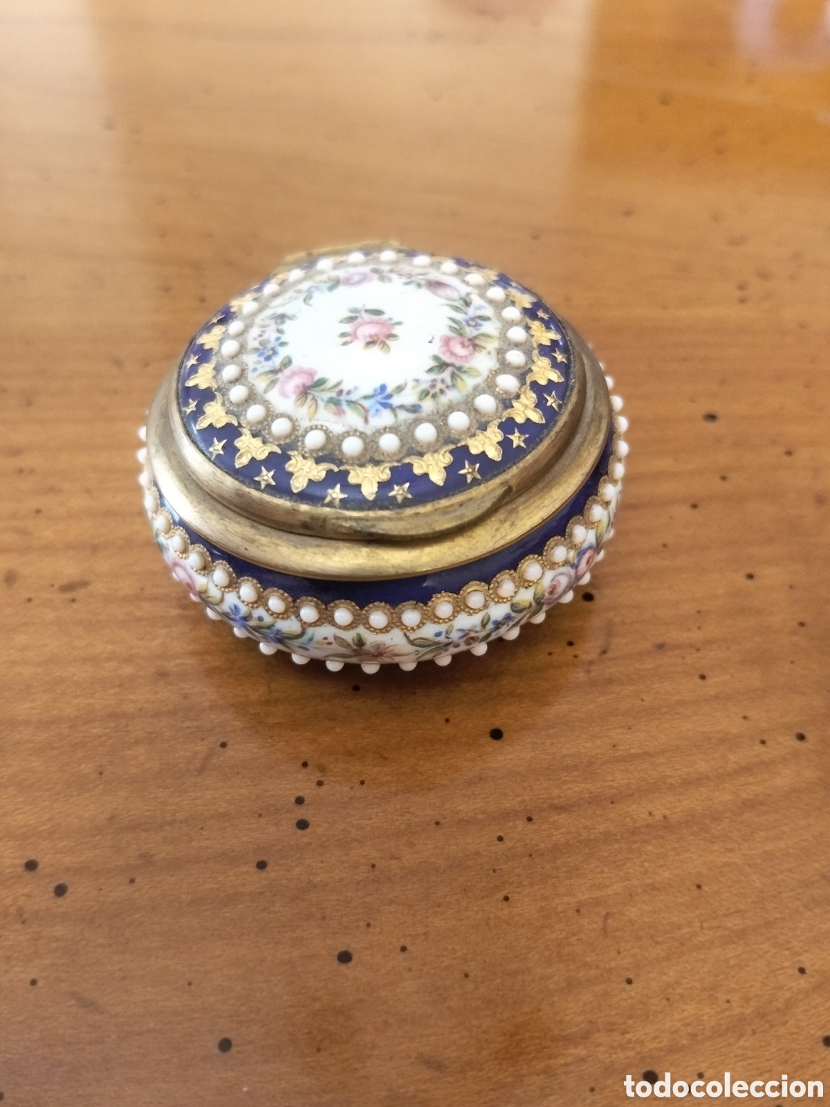 Antig&uuml;edades: Antiguo Pastillero Esmalte de Bresse Triple Decoraci&oacute;n Oro Azul Cobalto