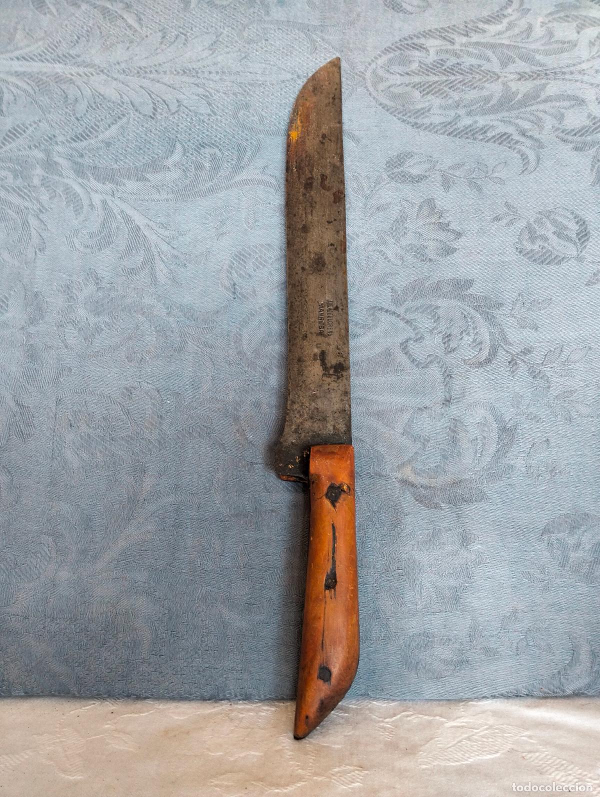 Antiques: Cuchillo grande de cocina antiguo mango de madera carne o pescado J M Acellorens Manresa a&ntilde;os 40