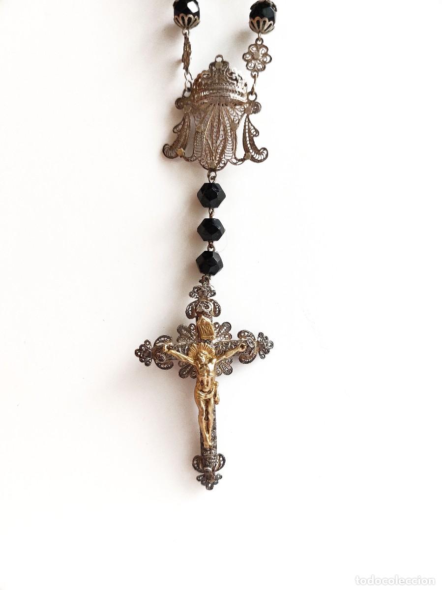Antig&uuml;edades: Rosario filigrana de plata y azabache -Siglo XIX