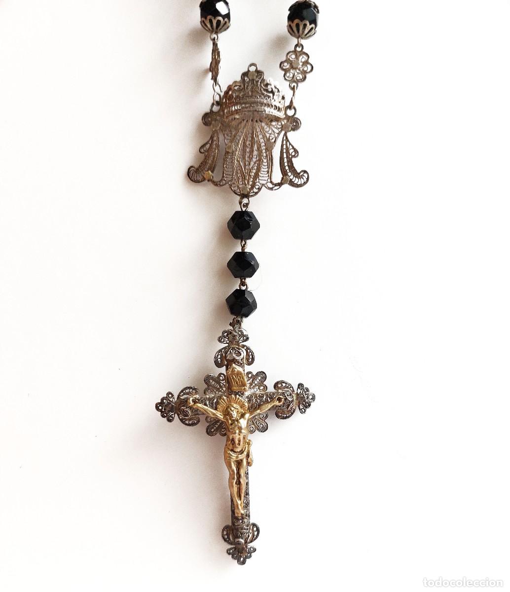 Antig&uuml;edades: Rosario filigrana de plata y azabache -Siglo XIX