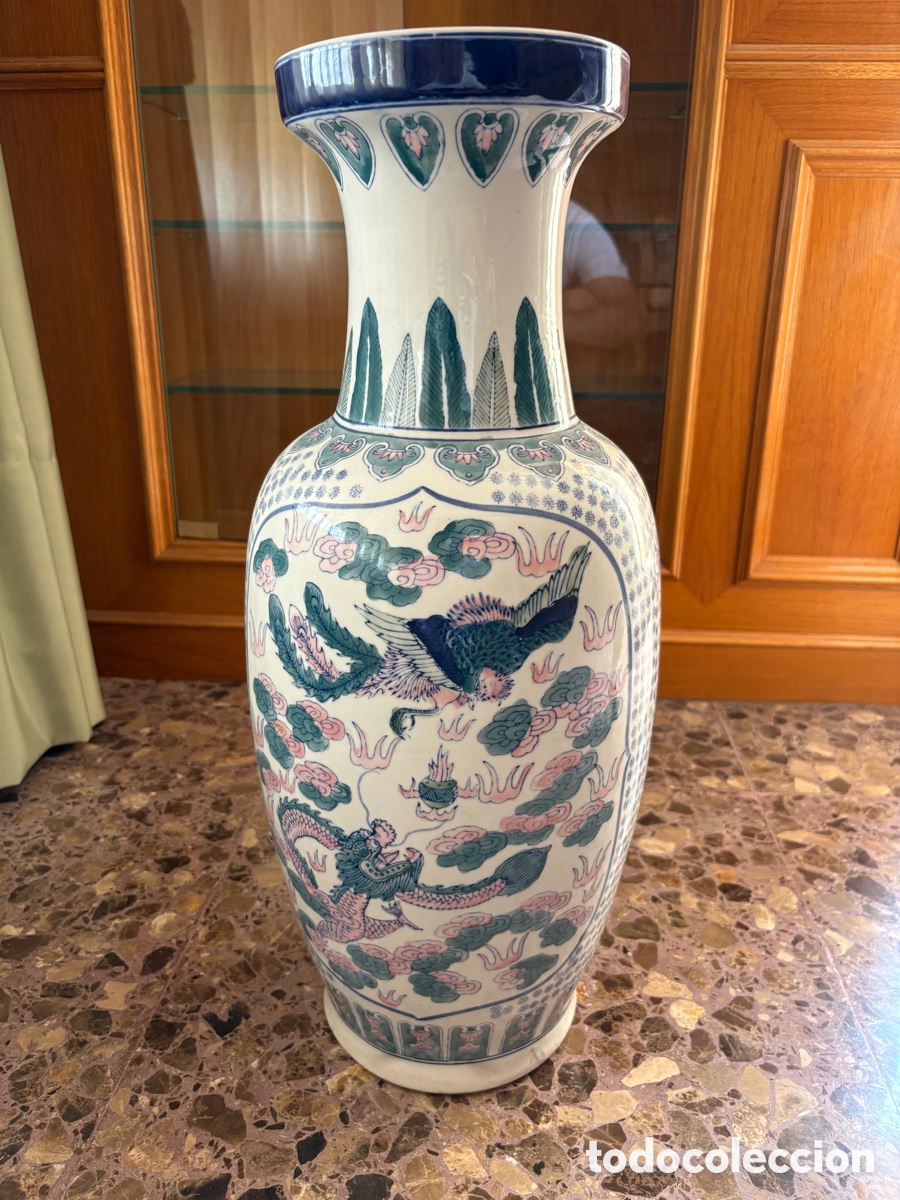 Antig&uuml;edades: Jarr&oacute;n de porcelana china 50cm con drag&oacute;n y f&eacute;nix &ndash; Pintado a mano