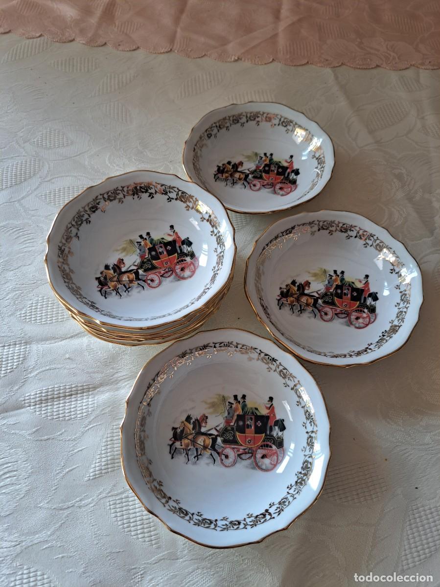 Antig&uuml;edades: Lote 8 cuencos de postre de porcelana Veritable Porcelaine Luxe. calesa antigua.