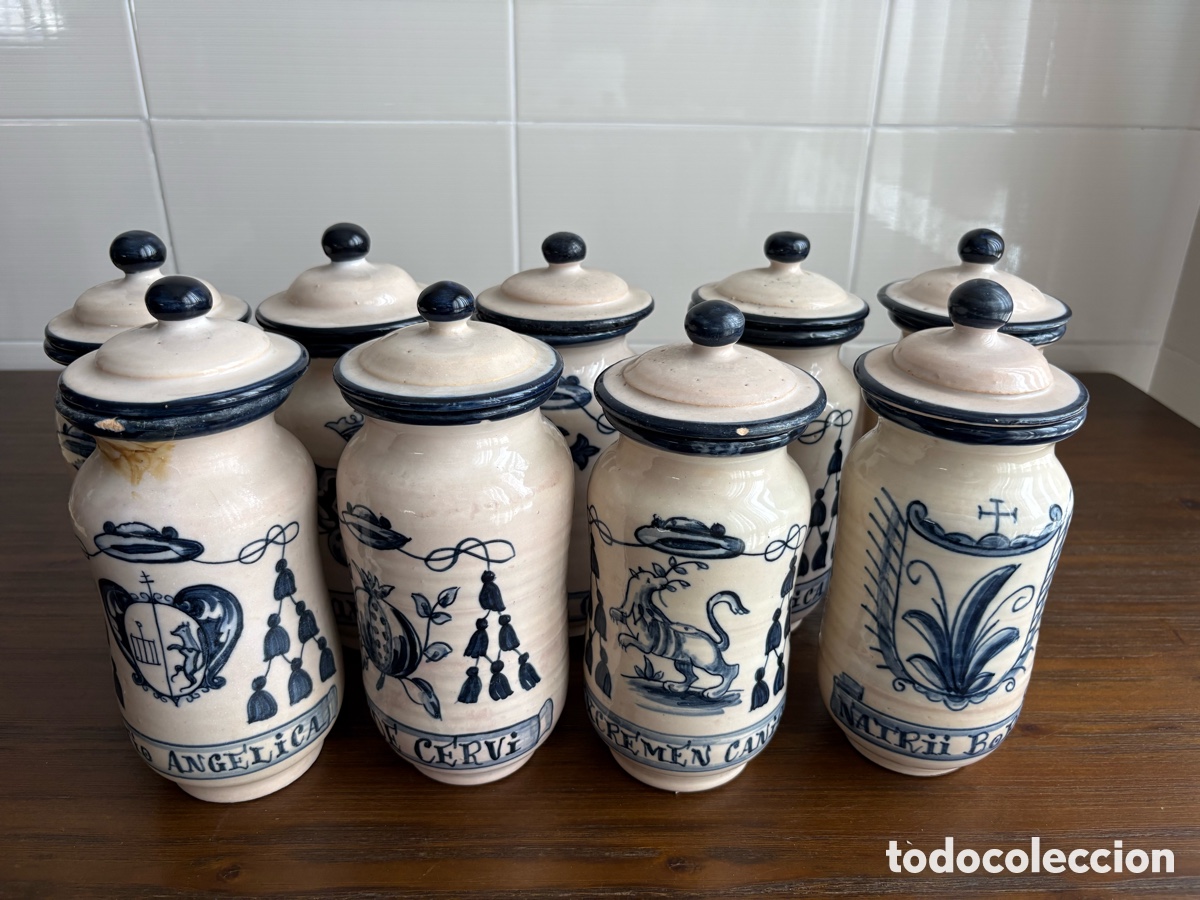 Antig&uuml;edades: Colecci&oacute;n de 9 albarelos de botica en cer&aacute;mica esmaltada &ndash; Estilo Talavera