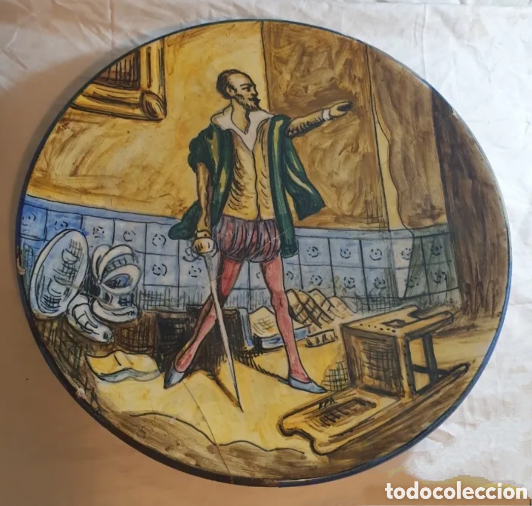 Antiques: Talavera Plato Cer&aacute;mica vidriada Don Quijote 41 cm di&aacute;metro firmado