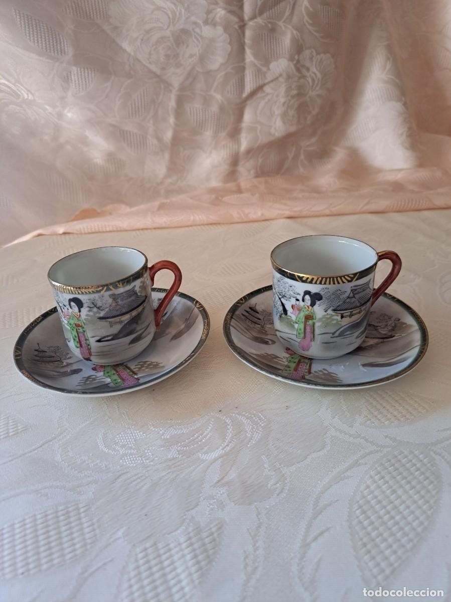 Antiquit&eacute;s: Tu y yo de caf&eacute; de porcelana japonesa, pintados a mano, geisha en el jard&iacute;n. sellados.