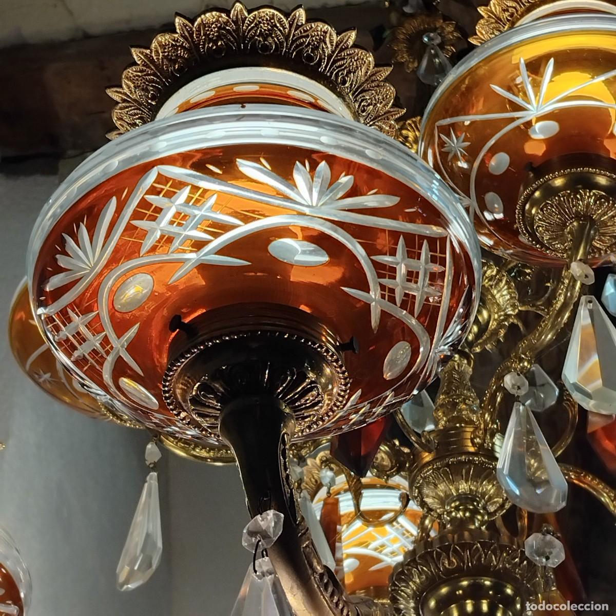 Antig&uuml;edades: L&aacute;mprara de bronce y cristal - Foto 3