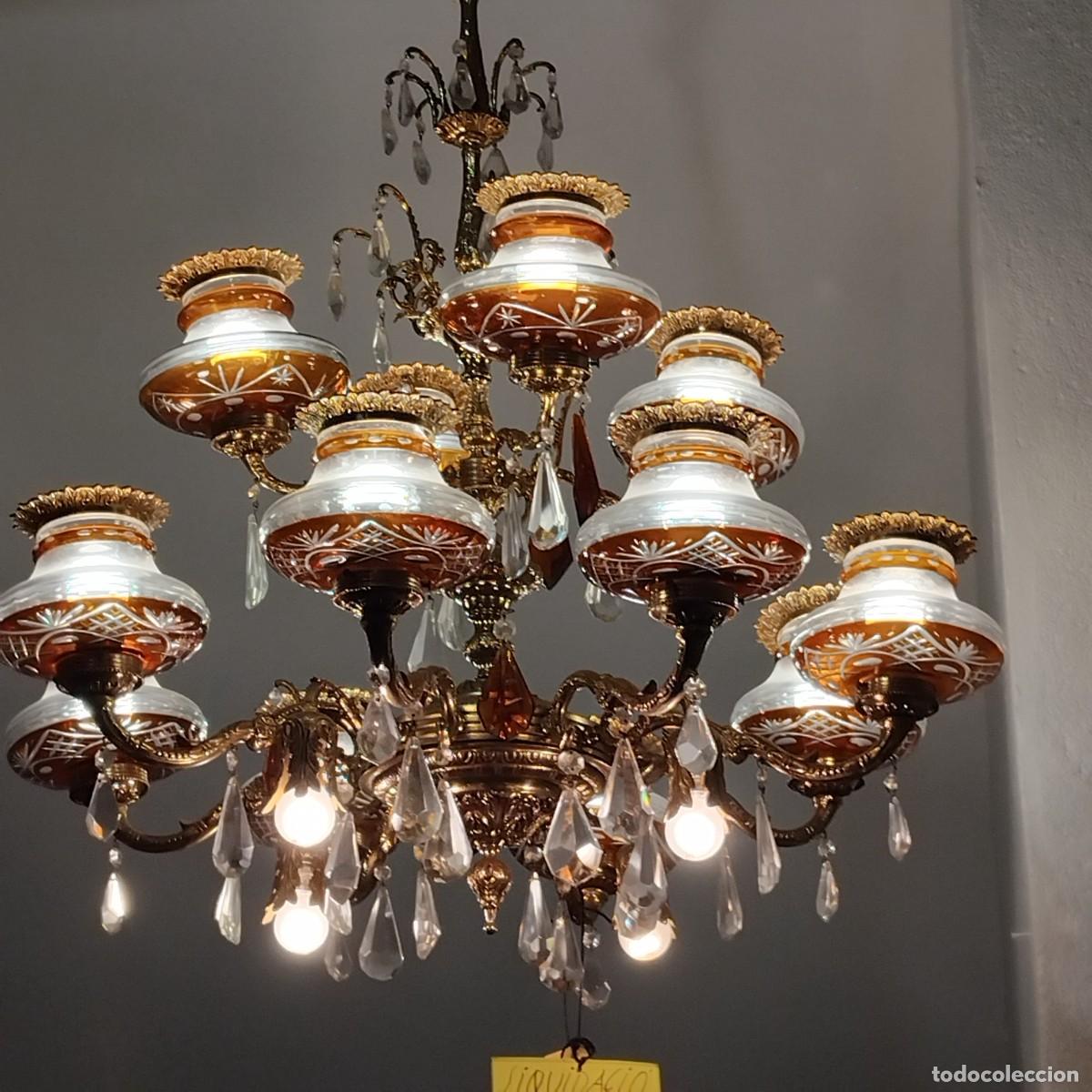 Antig&uuml;edades: L&aacute;mprara de bronce y cristal - Foto 1