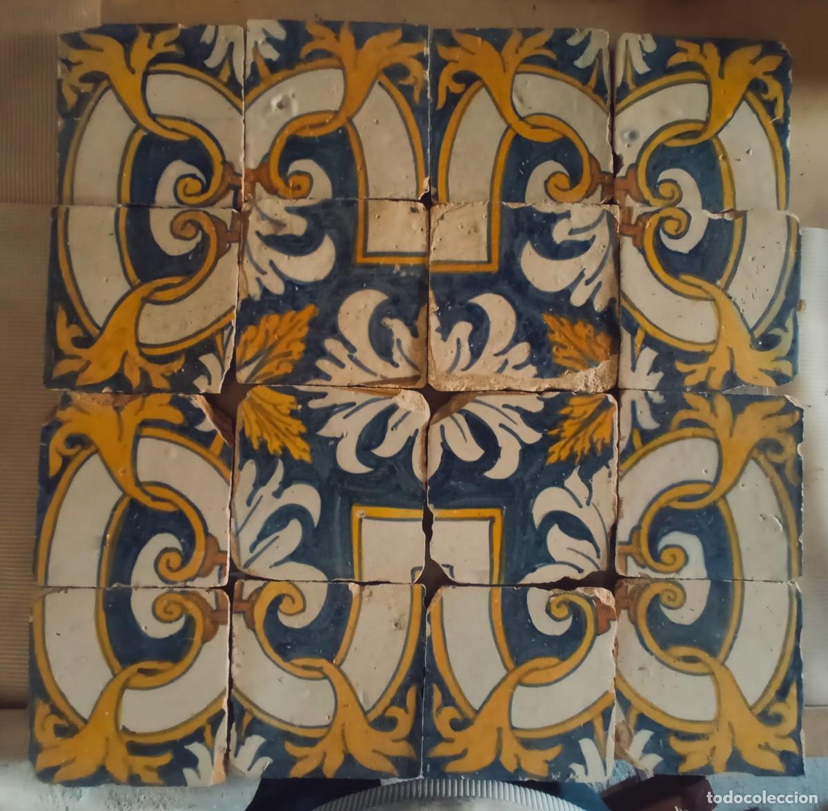 Antig&uuml;edades: mural de 16 piezas &rdquo;azulejos de padr&atilde;o&rdquo; portugueses del siglo XVII