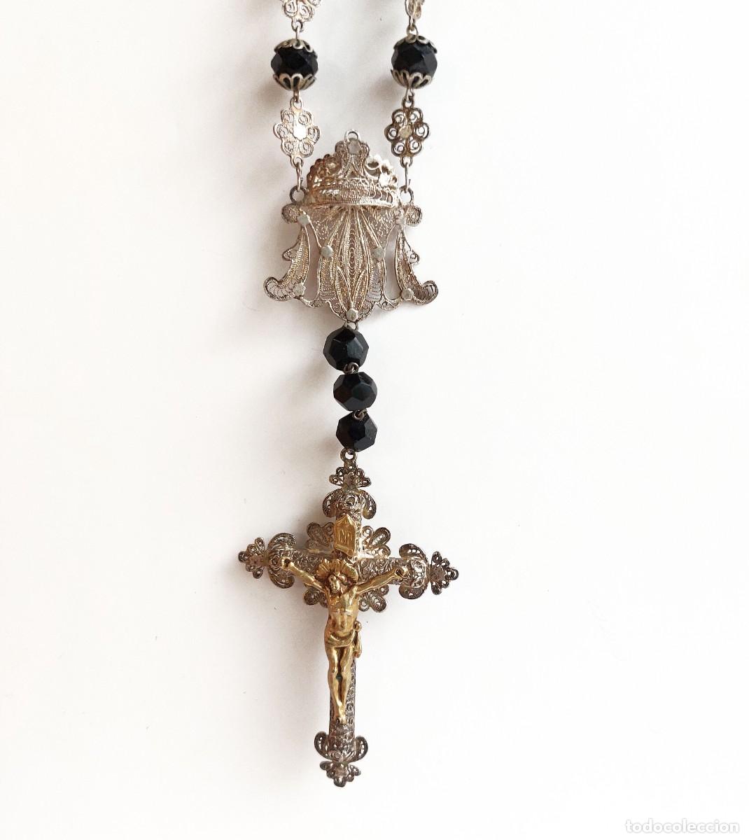 Antig&uuml;edades: Rosario filigrana de plata y azabache -Siglo XIX