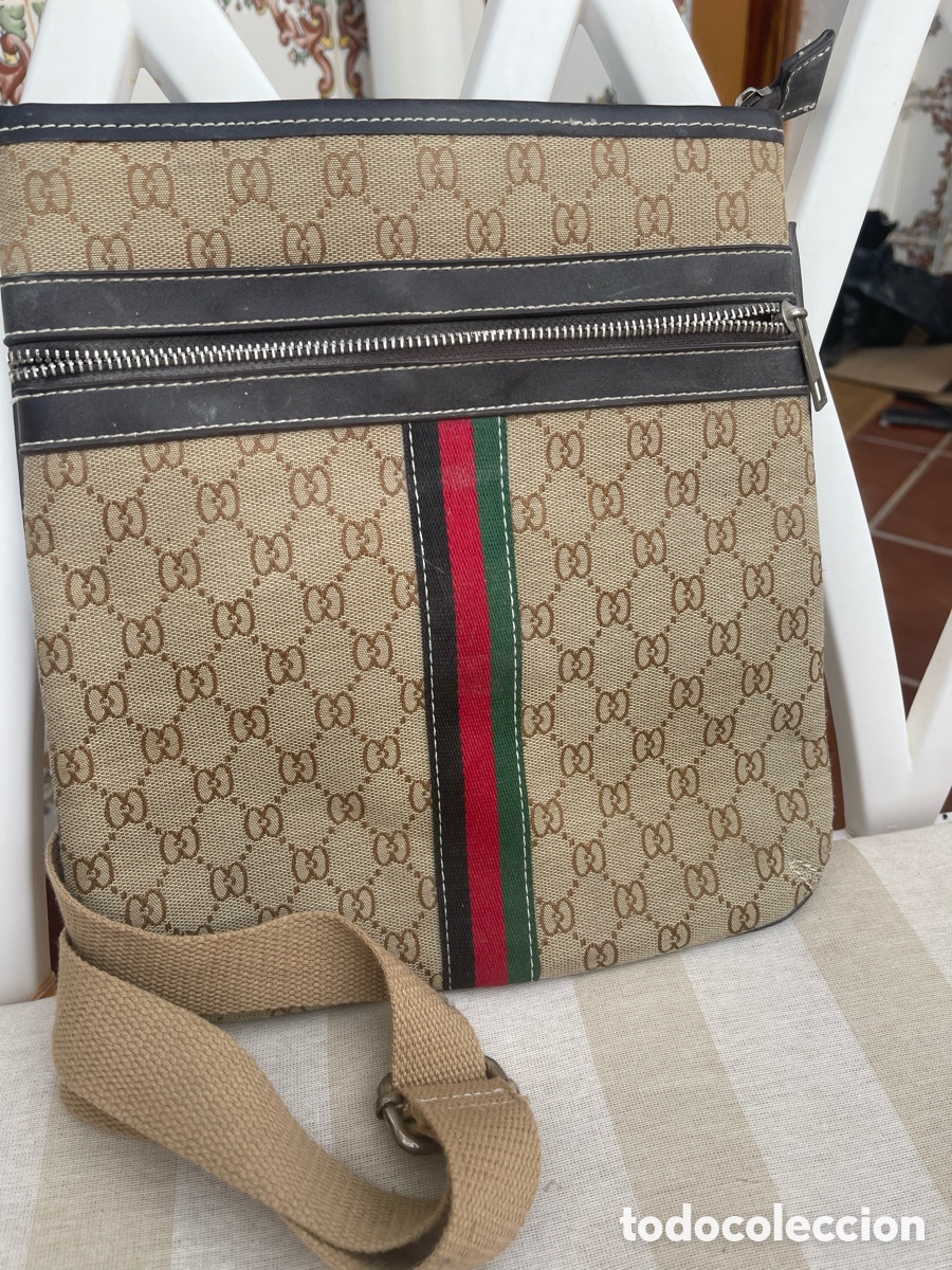 Oggetti Antichi: Bolso bandolera estilo Gucci beige y camel 27 cm