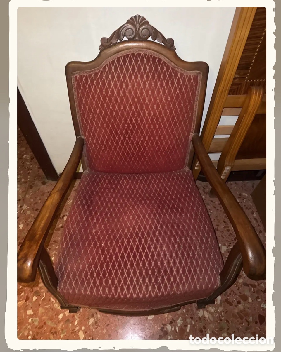 Antiquit&auml;ten: Pareja de 2 Sillones antiguos estilo Luis XV de madera tallada con tapizado original color burdeos