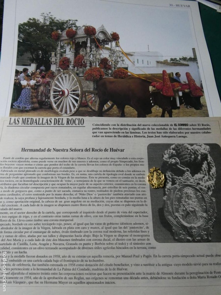 Antig&uuml;edades: INSIGNIA MEDALLITA ROCIERA + L&Aacute;MINA + HISTORIA MEDALLA. HERMANDAD VIRGEN ROC&Iacute;O HUEVAR, SEVILLA. 30