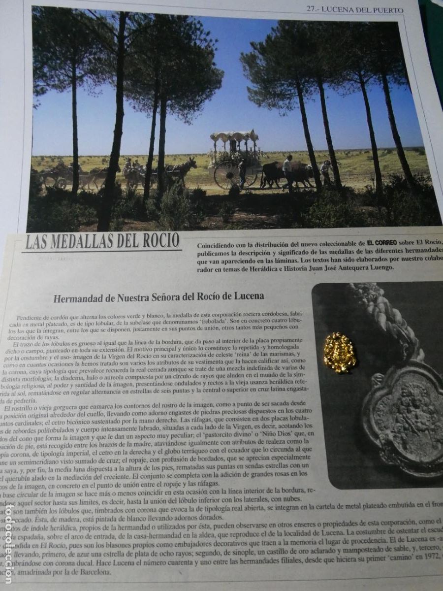 Antig&uuml;edades: INSIGNIA MEDALLITA ROCIERA + L&Aacute;MINA + HISTORIA MEDALLA. HERMANDAD VIRGEN ROC&Iacute;O LUCENA C&Oacute;RDOBA 27