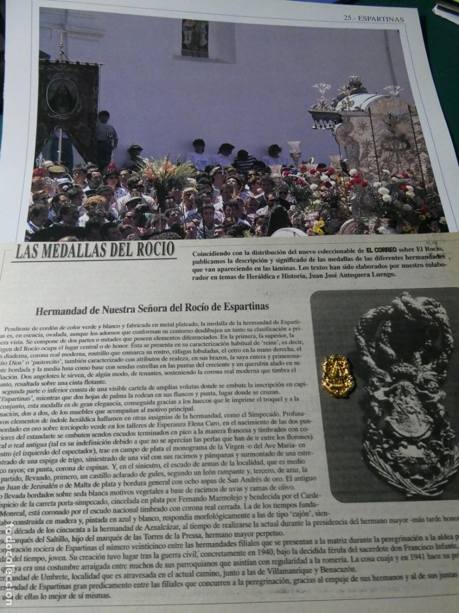 Antig&uuml;edades: INSIGNIA MEDALLITA ROCIERA + L&Aacute;MINA + HISTORIA MEDALLA. HERMANDAD VIRGEN ESPARTINAS SEVILLA 25