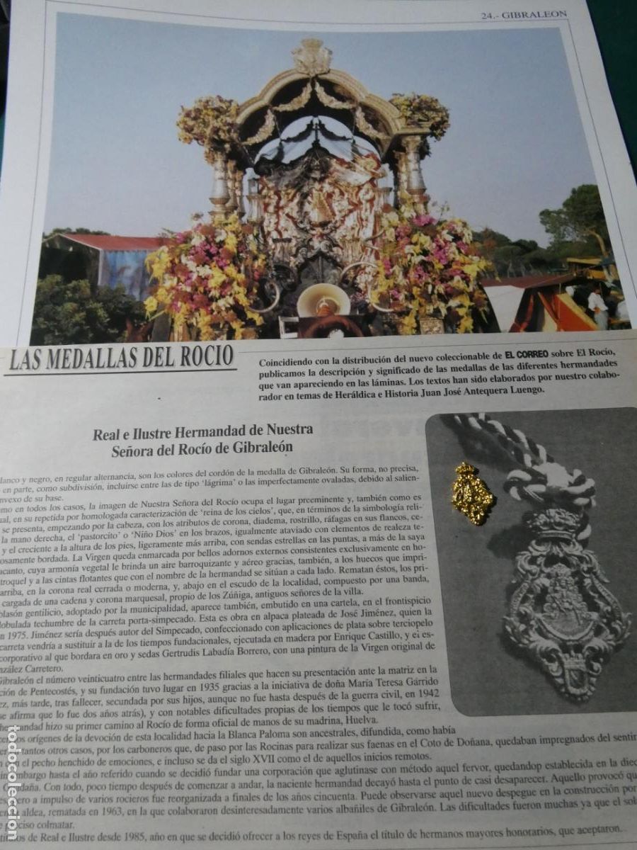 Antig&uuml;edades: INSIGNIA MEDALLITA ROCIERA + L&Aacute;MINA + HISTORIA MEDALLA. HERMANDAD VIRGEN GIBRALE&Oacute;N HUELVA 24