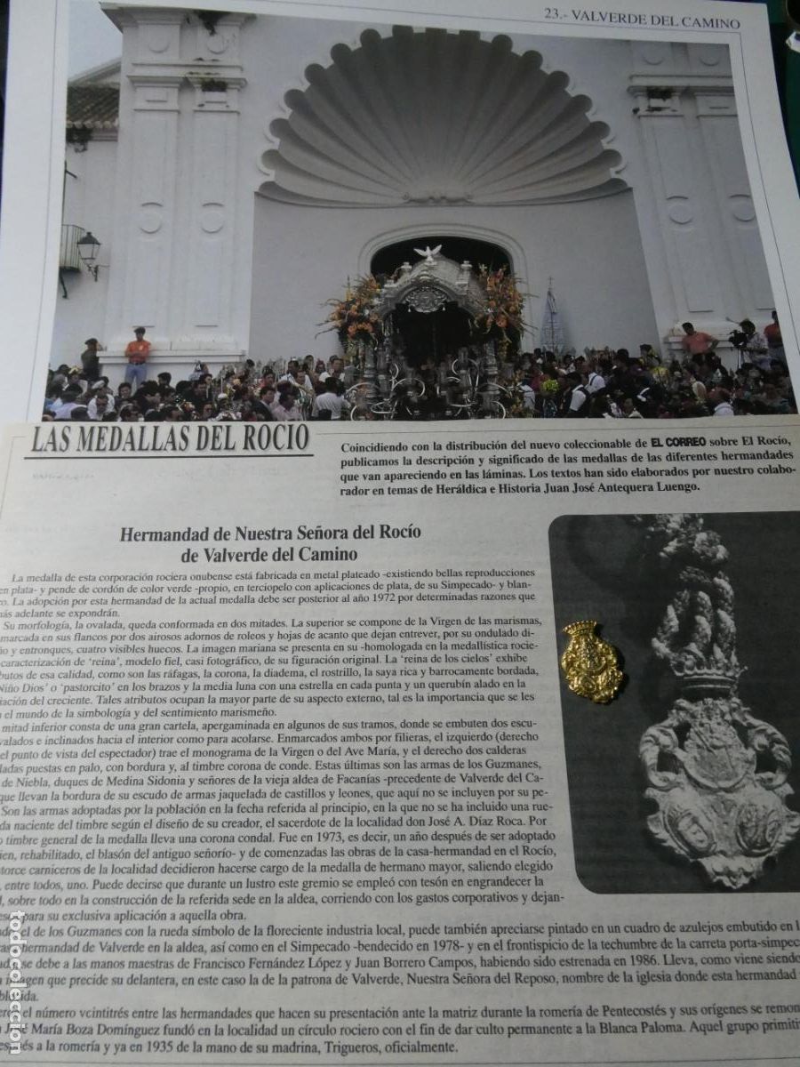 Antig&uuml;edades: INSIGNIA MEDALLITA ROCIERA + L&Aacute;MINA + HISTORIA MEDALLA. HERMANDAD VIRGEN VALVERDE DEL CAMINO 23
