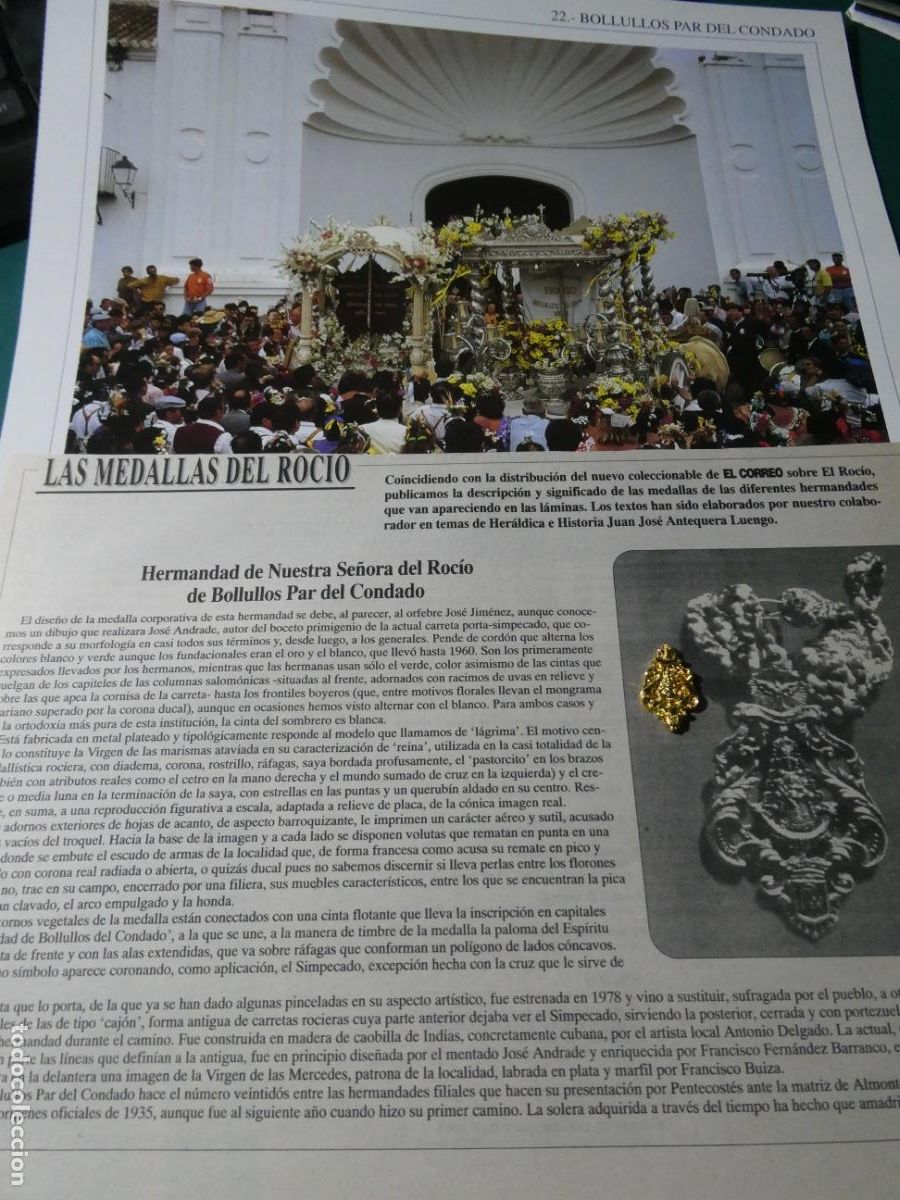 Antig&uuml;edades: INSIGNIA MEDALLITA ROCIERA + L&Aacute;MINA + HISTORIA MEDALLA. HERMANDAD VIRGEN BOLLULLOS DEL CONDADO 22