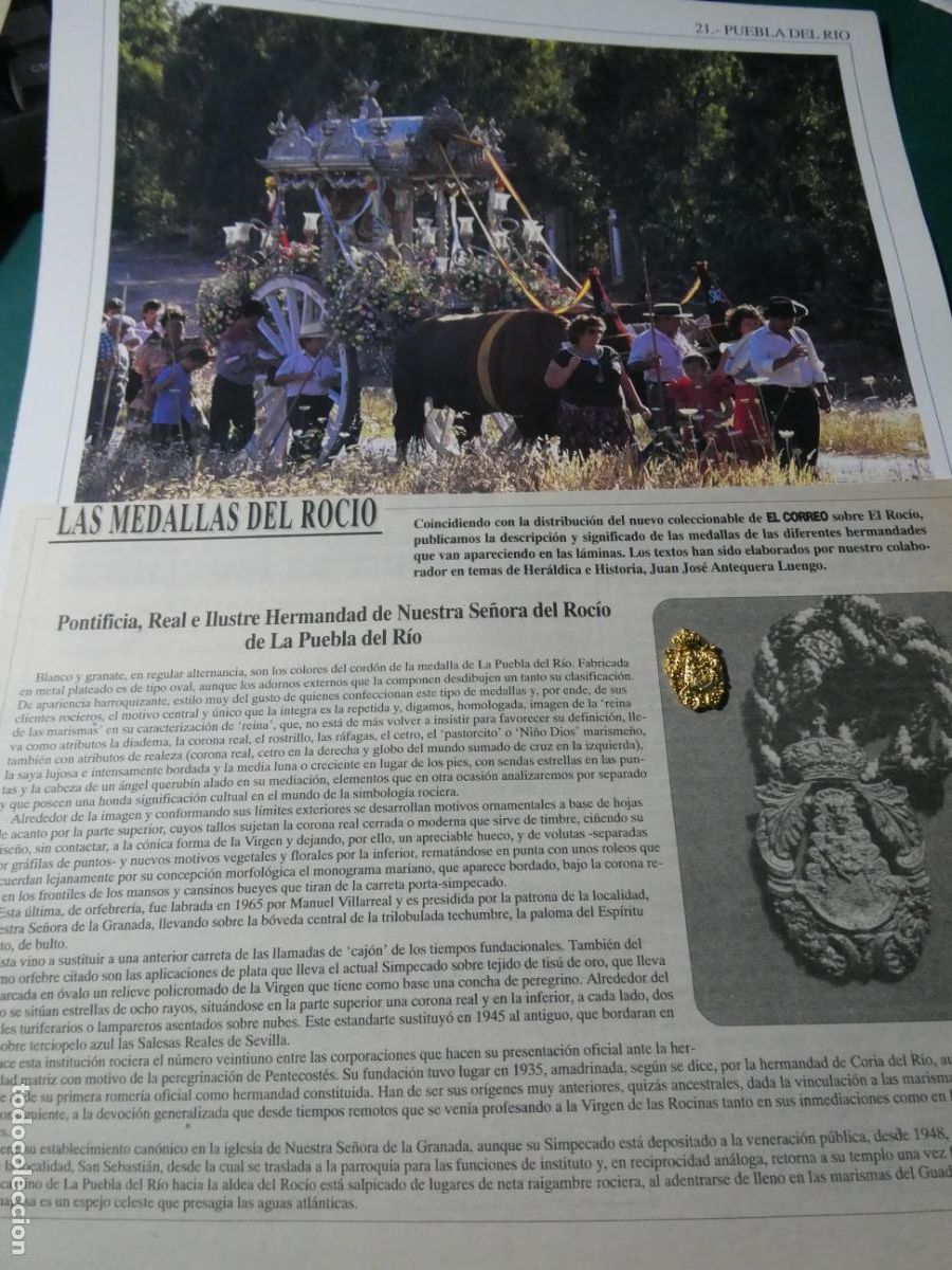 Antig&uuml;edades: INSIGNIA MEDALLITA ROCIERA + L&Aacute;MINA + HISTORIA MEDALLA. HERMANDAD VIRGEN PUEBLA DEL RIO SEVILLA 21