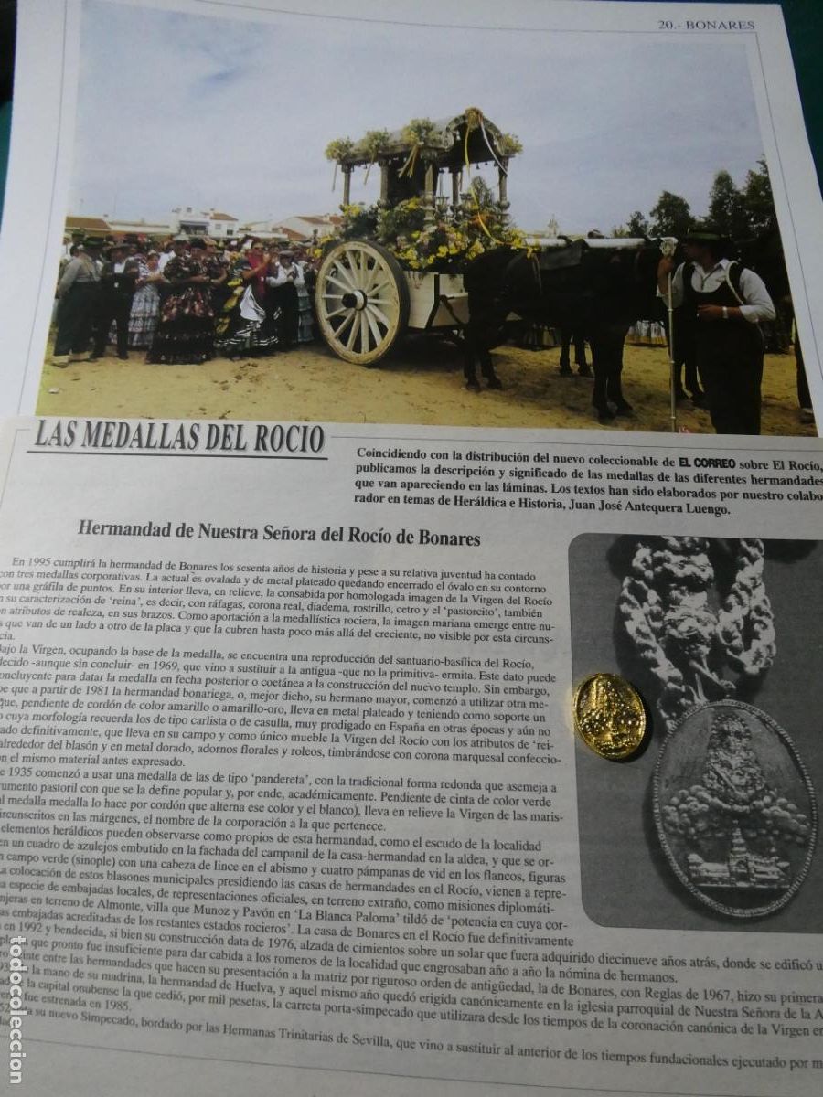Antig&uuml;edades: INSIGNIA MEDALLITA ROCIERA + L&Aacute;MINA + HISTORIA MEDALLA. HERMANDAD VIRGEN BONARES HUELVA 20