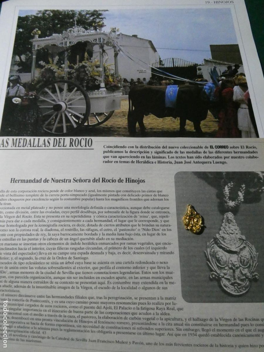 Antig&uuml;edades: INSIGNIA MEDALLITA ROCIERA + L&Aacute;MINA + HISTORIA MEDALLA. HERMANDAD VIRGEN HINOJOS HUELVA 19