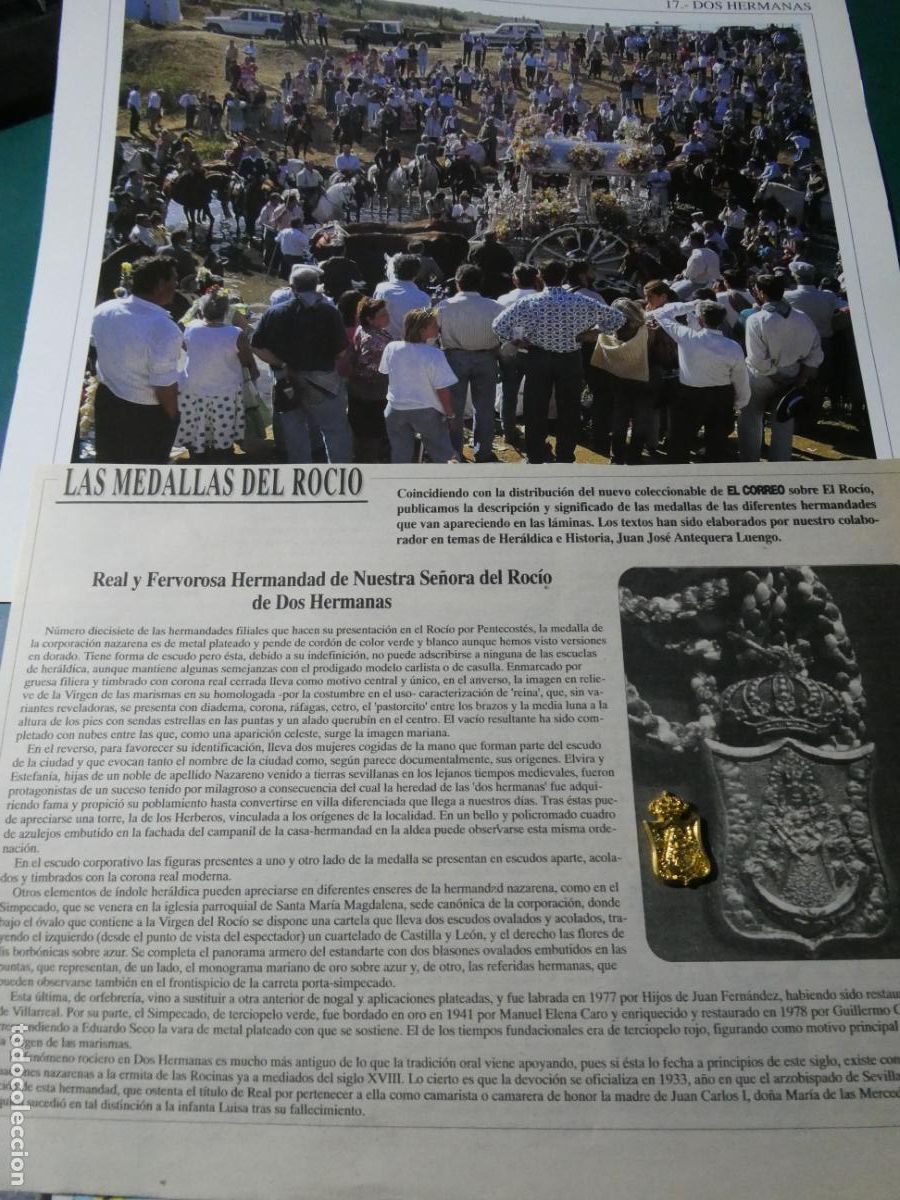 Antig&uuml;edades: INSIGNIA MEDALLITA ROCIERA + L&Aacute;MINA + HISTORIA MEDALLA. HERMANDAD VIRGEN DOS HERMANAS SEVILLA 17