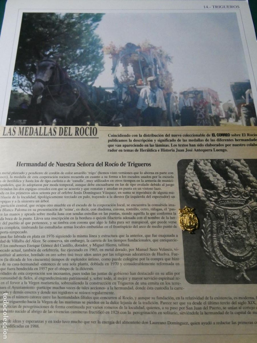 Antig&uuml;edades: INSIGNIA MEDALLITA ROCIERA + L&Aacute;MINA + HISTORIA MEDALLA. HERMANDAD VIRGEN TRIGUEROS HUELVA 14