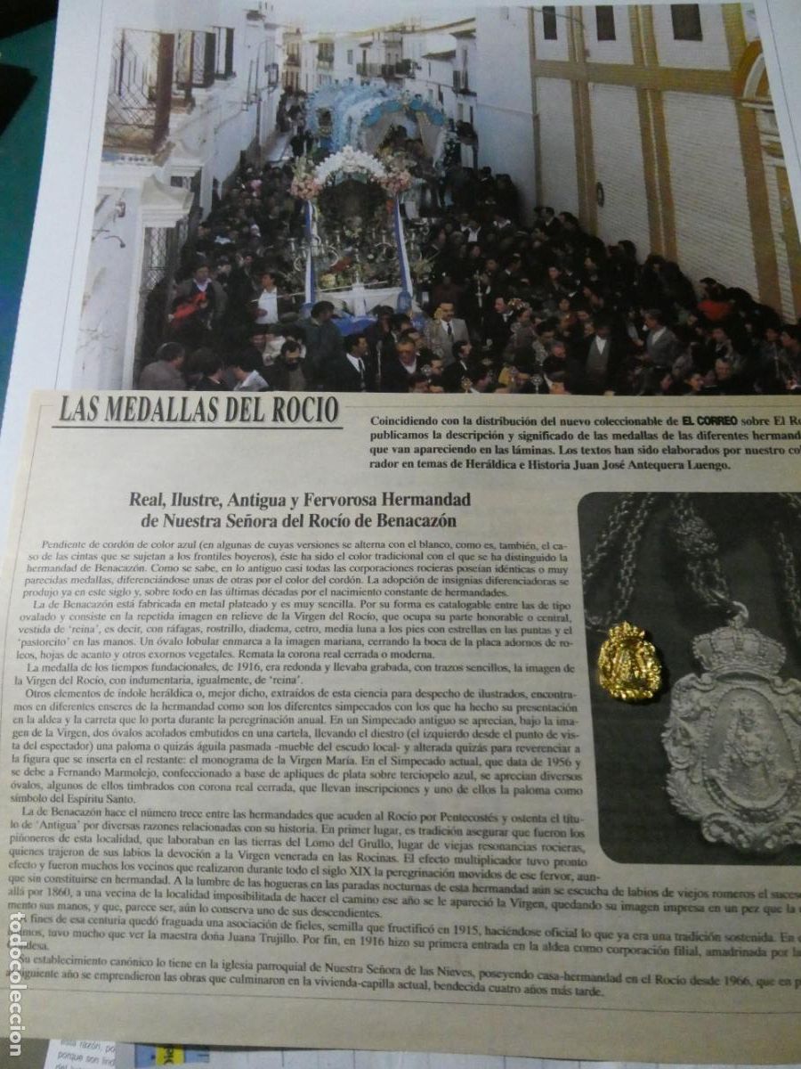 Antig&uuml;edades: INSIGNIA MEDALLITA ROCIERA + L&Aacute;MINA + HISTORIA MEDALLA. HERMANDAD VIRGEN BENECAZ&Oacute;N HUELVA 13