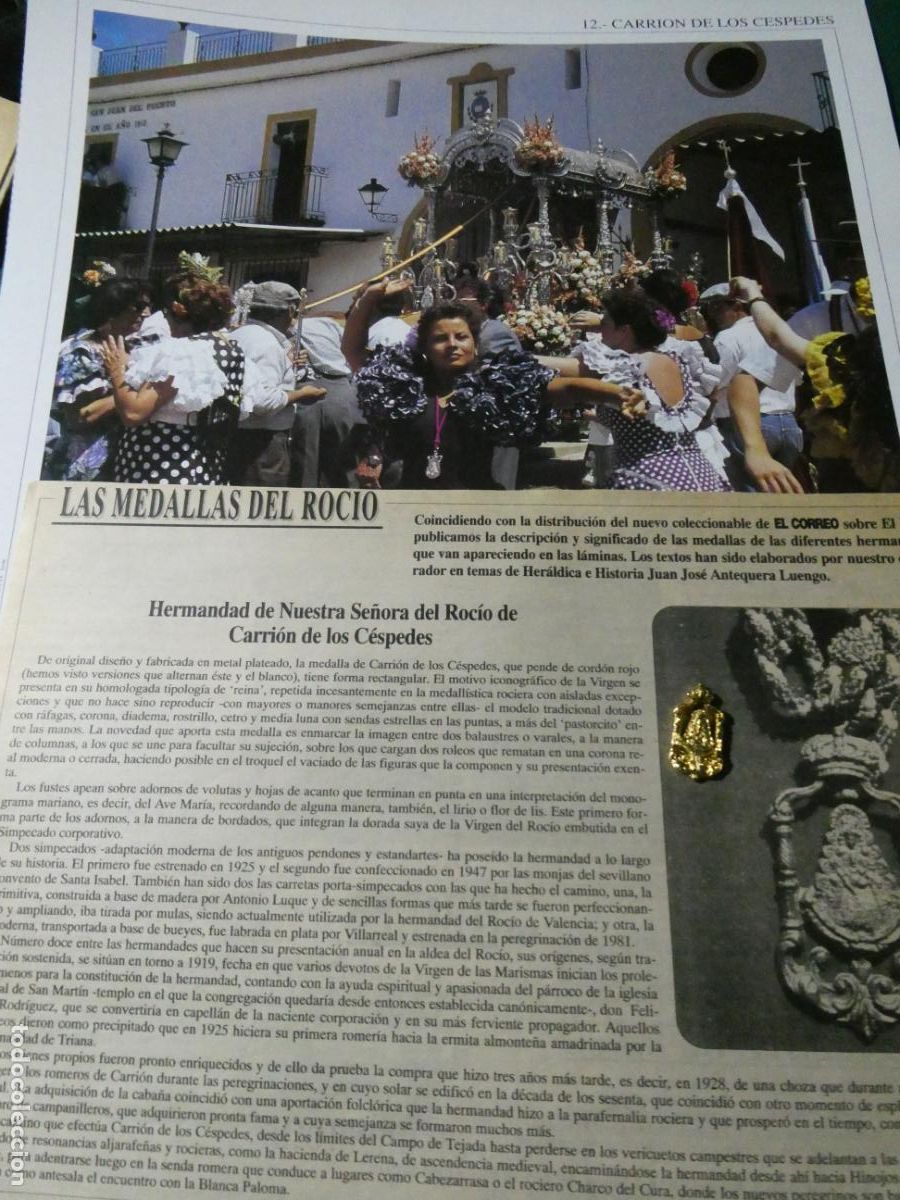 Antig&uuml;edades: INSIGNIA MEDALLITA ROCIERA + L&Aacute;MINA + HISTORIA MEDALLA. HERMANDAD VIRGEN CARRI&Oacute;N DE LOS C&Eacute;SPEDES 12