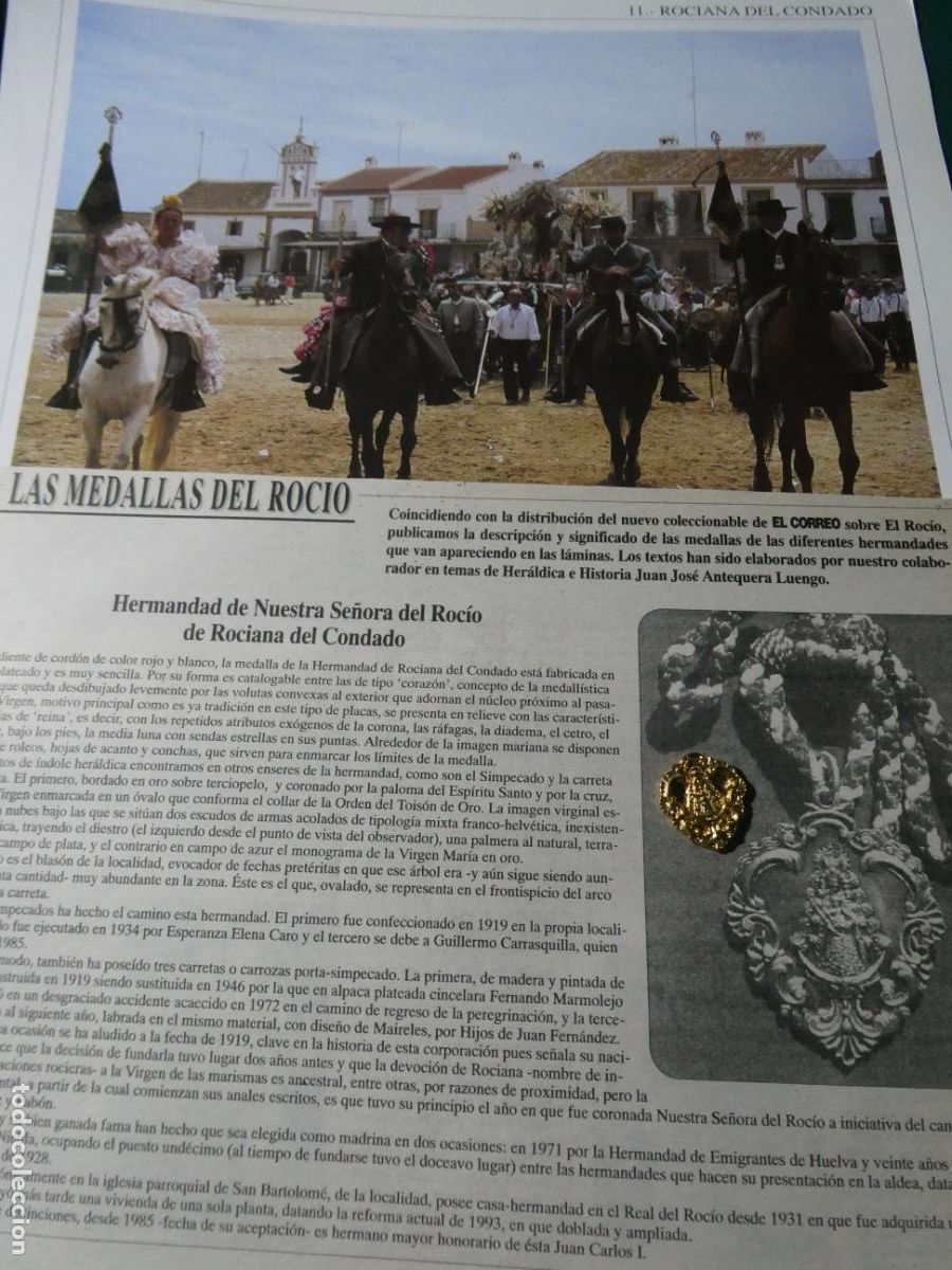 Antig&uuml;edades: INSIGNIA MEDALLITA ROCIERA + L&Aacute;MINA + HISTORIA MEDALLA. HERMANDAD VIRGEN ROCIANA DEL CONDADO 11
