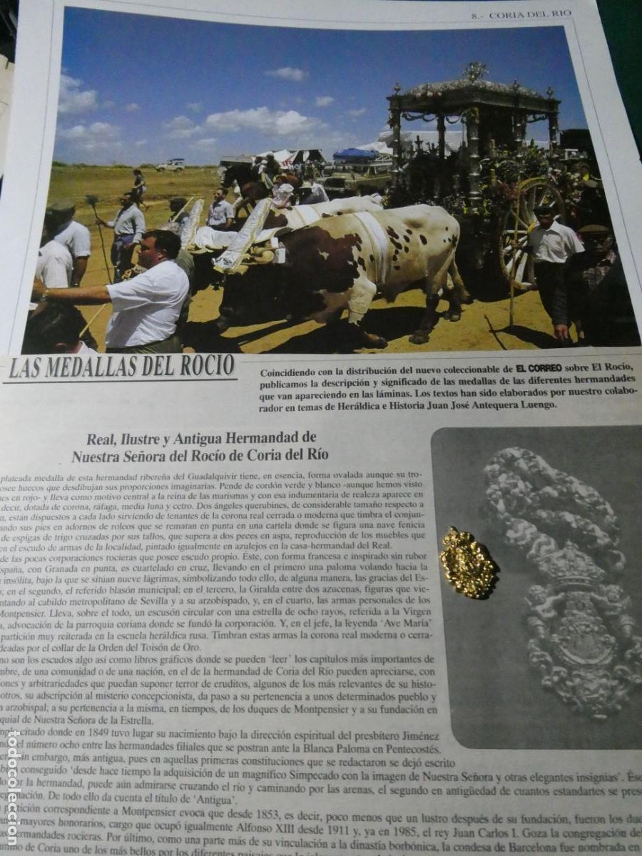Antig&uuml;edades: INSIGNIA MEDALLITA ROCIERA + L&Aacute;MINA + HISTORIA MEDALLA. HERMANDAD VIRGEN CORIA DEL RIO SEVILLA 8