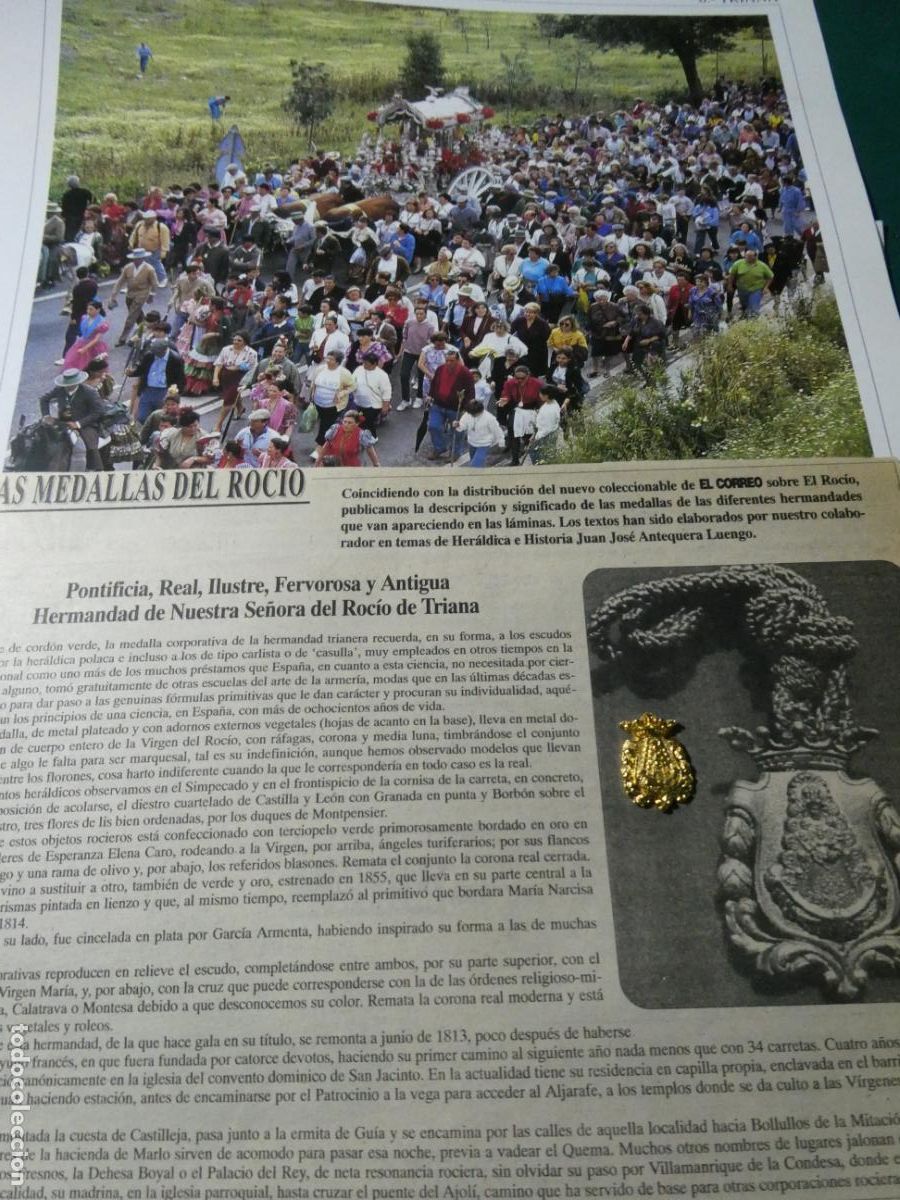 Antig&uuml;edades: INSIGNIA MEDALLITA ROCIERA + L&Aacute;MINA + HISTORIA MEDALLA. HERMANDAD VIRGEN SEVILLA TRIANA 6
