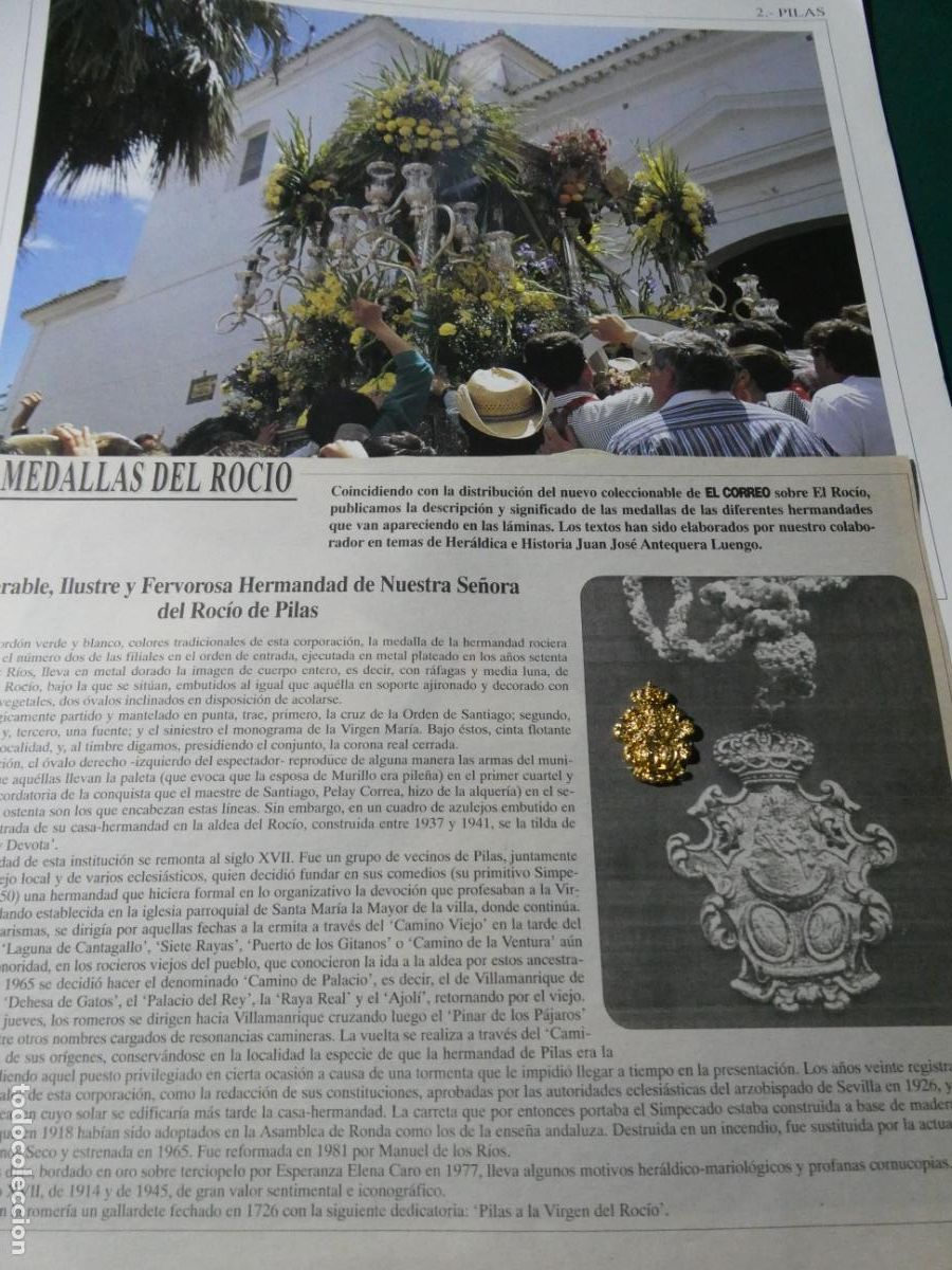 Antig&uuml;edades: INSIGNIA MEDALLITA ROCIERA + L&Aacute;MINA + HISTORIA MEDALLA. HERMANDAD VIRGEN PILAS SEVILLA 2
