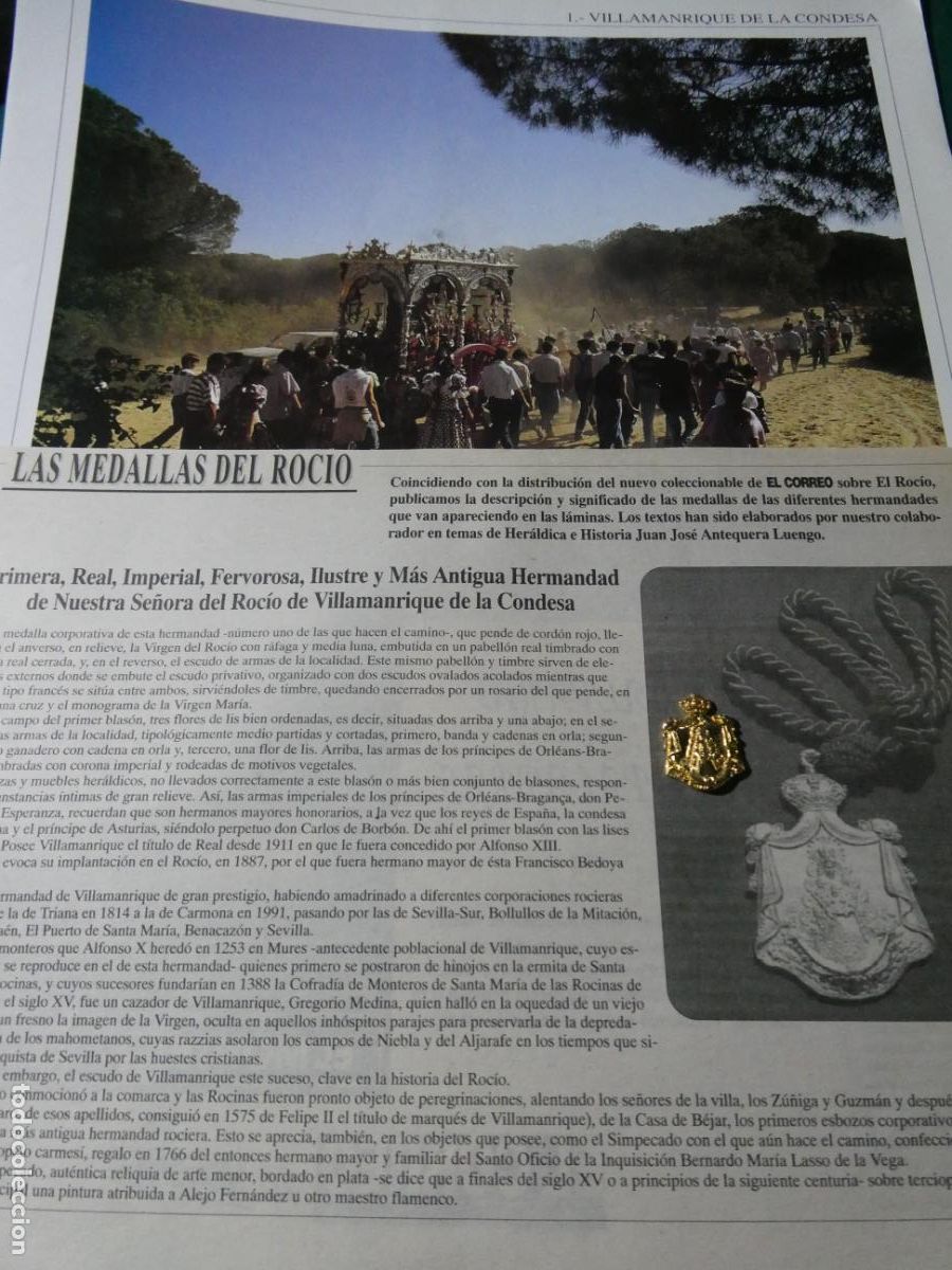 Antig&uuml;edades: INSIGNIA MEDALLITA ROCIERA + L&Aacute;MINA + HISTORIA MEDALLA. HERMANDAD VILLAMANRIQUE DE LA CONDESA 1