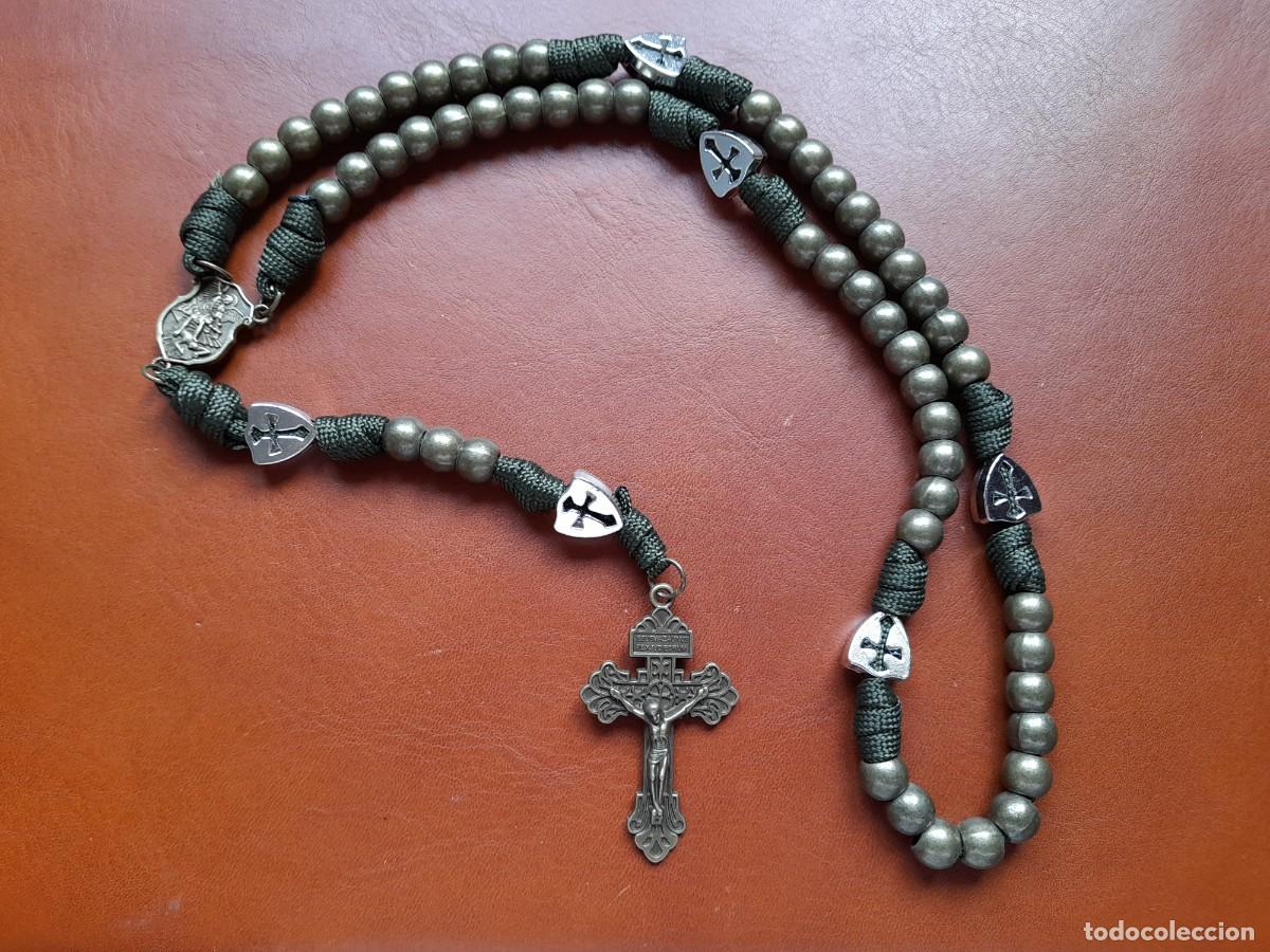 Antiguidades: Rosario de Combate verde con Cruz del Perdon, metalico.