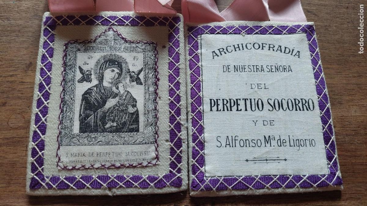 Oggetti Antichi: Antiguo escapulario Nuestra Se&ntilde;ora del Perpetuo Socorro y San Alfonso de Ligorio