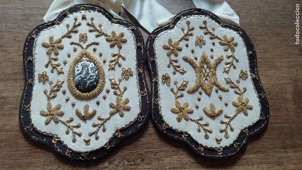 Oggetti Antichi: Antiguo escapulario Nuestra Se&ntilde;ora del Rosario bordado hilo de oro