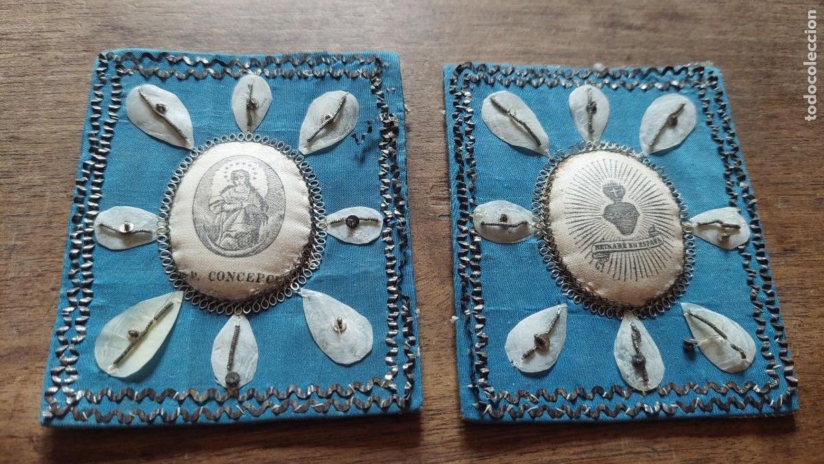 Antig&uuml;edades: Antiguo escapulario Nuestra Se&ntilde;ora de la Concepci&oacute;n Bordado - Foto 1