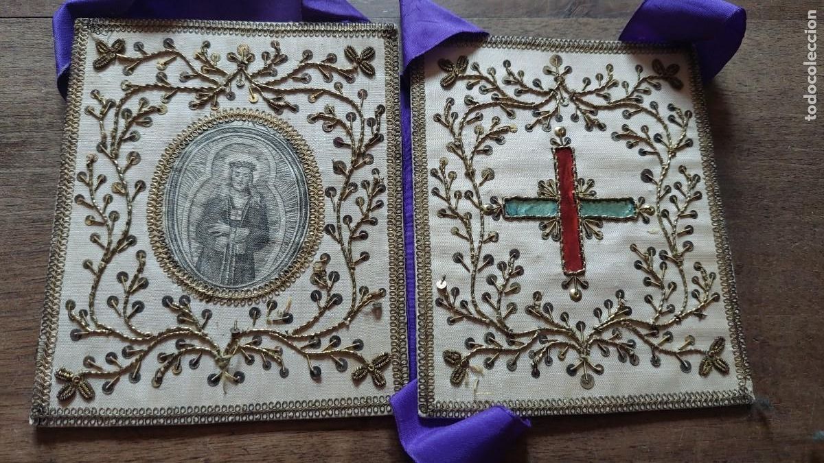 Antiquit&auml;ten: Antiguo escapulario Nazareno y cruz cristiana bordado hilo de oro