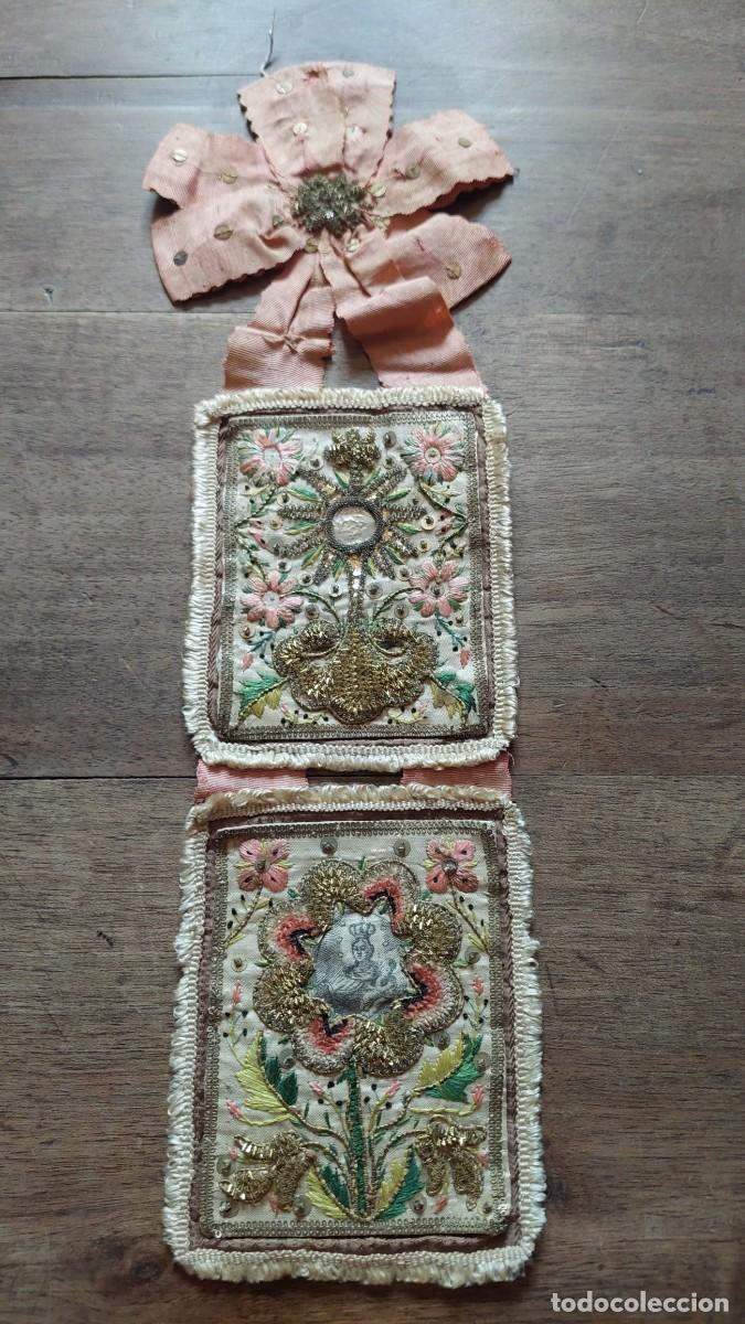 Antig&uuml;edades: Magnifico Antiguo escapulario Virgen del Rosario santo sacramento bordado hilo de oro circa 1820