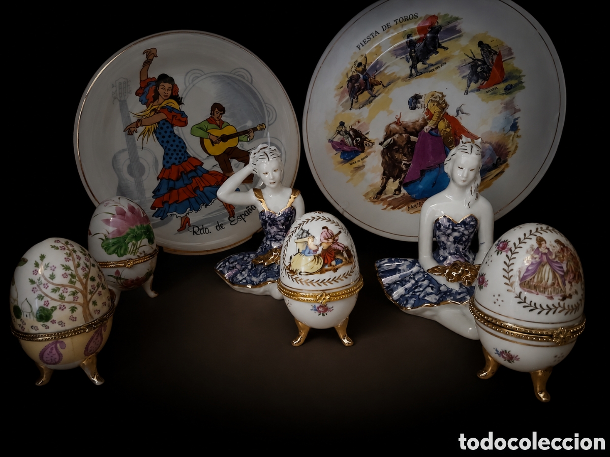 Antig&uuml;edades: joyero en forma de huevo (8 piezas)vintage de porcelana espa&ntilde;ola y cajas