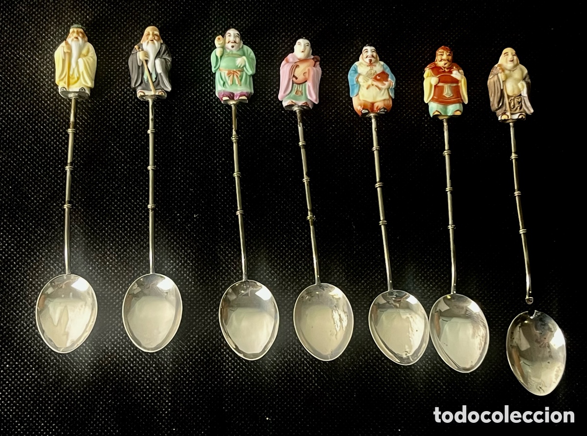 Antiquit&eacute;s: CONJUNTO DE CUCHARAS TOSHIKANE DE PLATA Y PORCELANA- LOS 7 DIOSES DE LA FORTUNA