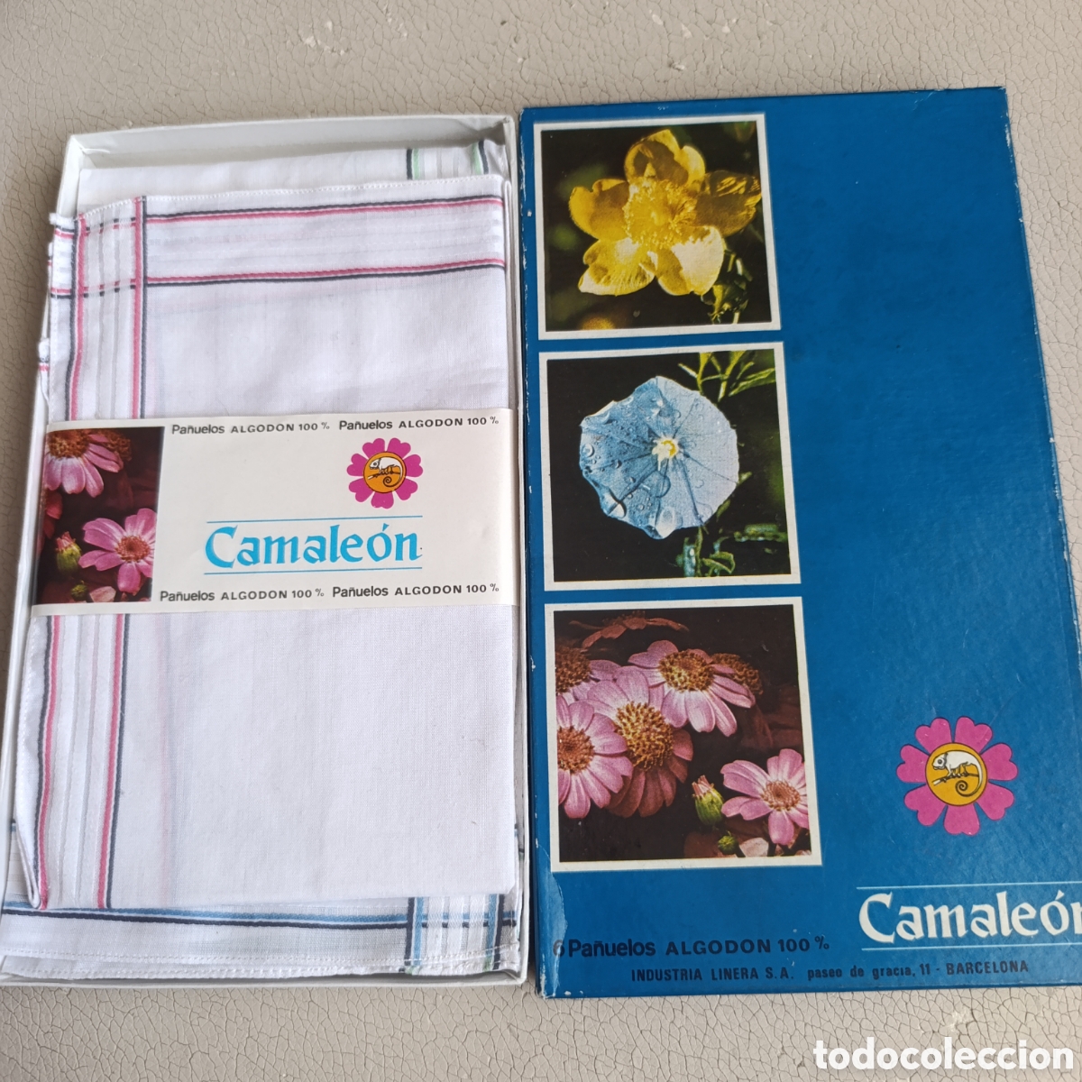 Antig&uuml;edades: Antigua caja de 6 pa&ntilde;uelos de algod&oacute;n 100% de la marca Camale&oacute;n.sin uso