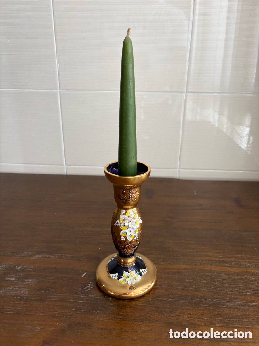 Antig&uuml;edades: Portavelas de cristal esmaltado y dorado &ndash; Decoraci&oacute;n floral &ndash; Estilo Bohemia / Moser