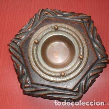 Antig&uuml;edades: ANTIGUO CENICERO Madera Casta&ntilde;o Tallada Y Cobre A&ntilde;os 30 Rustico Vintage PEIFER